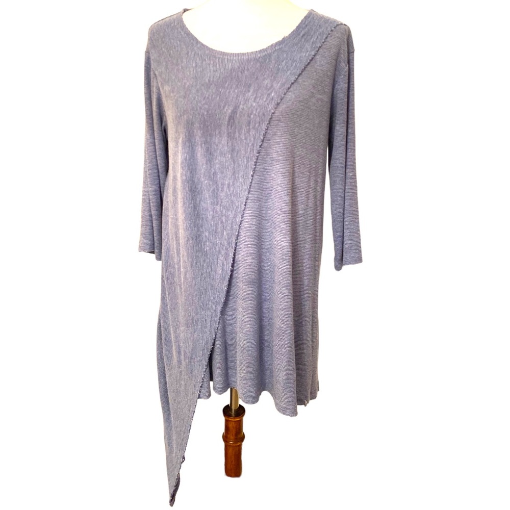 Umgee Asymmetrical Tunic Top Medium Blue Pinstripe Raw Hem 3/4 Sleeve Boho